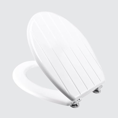 WINSOME White Wooden Toilet Seat - 18'' (45cm) Oval - Hygienic MDF Wood with Tongue and Groove Design - Easy Fit with Hinges & Fixtures