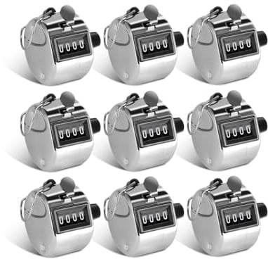 Abiyou 9 Pcs Handzähler Zähler,Metall Zähler Klicker Counter,Hand Tally Counter,Mechanischer Zähler,Hand klick Zähler,Klicker Counter,für Coaching,Golf,Schule,Stadion,Stricken,Angeln(Silber)