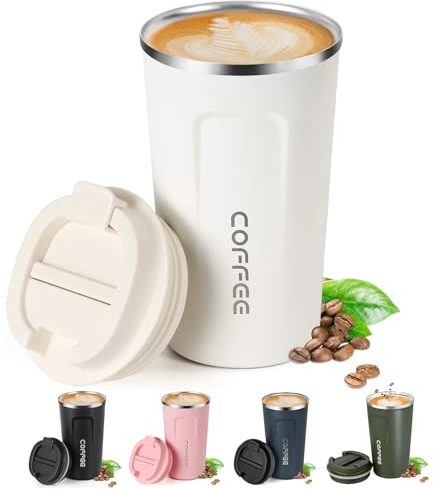 Senshuomy Travel Coffee Mug Spill Proof,Insulated Coffee Mug to Go,Coffee Tumbler,Reusable Coffee Cups with Seal Lid,Water Cup for Keep Hot/Ice Coffee,Tea and Beer (White/510ml)