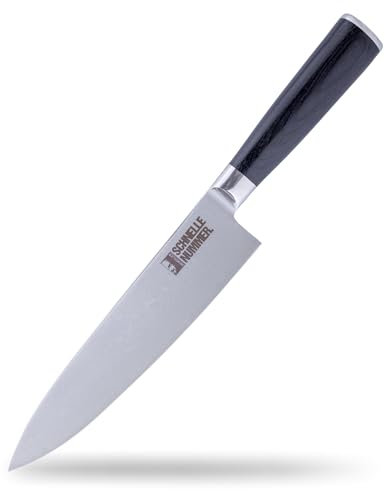 HENSSLERS Damast Messer, 33 cm – Küchenmesser mit sehr scharfer Klinge und Pakkaholz-Griff, Kochmesser aus 67 Lagen Damaststahl, ergonomisch geformt, 20 cm lange Schneideklinge, rostfrei