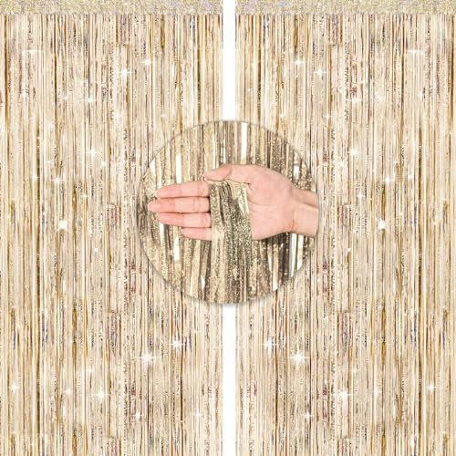 G2PLUS Champagne Gold Glitter Foil Curtains, 2PCS Metallic Tinsel Foil Fringe, 1m×2.5m Party Backdrop Streamers for Birthday Wedding Prom Decoration