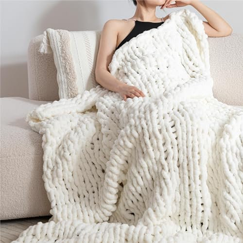 RIWASURNA Luxury Chunky Knit Blanket Throw, Handmade Thick Chenille Yarn Throw 50x60, Cream Cable Knit Crochet Blanket, Decorative Cozy and Soft Crochet Throw Blanket for Couch Home Decor