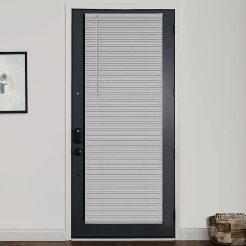 LazBlinds 1 Vinyl Mini Blinds for Doors, Cordless French Door Blinds for Privacy, Light Filtering Privacy Horizontal Shades for Front Door Patio Sidelight Glass Door, 25 W x 70 H, Grey