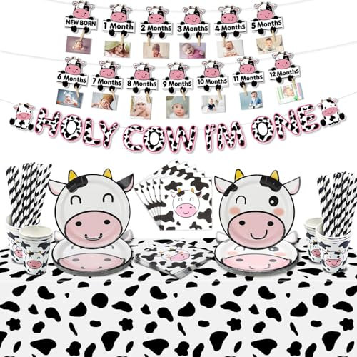 Cow 1st Birthday Party Decorations, Holy Cow I'M One Birthday Decorations with Paper Plates Monthly Photo Banner Tablecloth Napkins Cake Toppers for Girl Kids First Birthday Party, Serve 20 Guests
