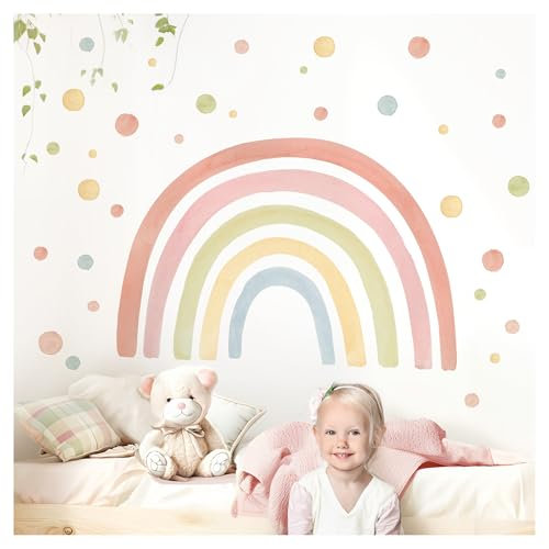 Little Deco Wandtattoo Kinderzimmer Regenbogen Wandaufkleber Boho Punkte Pastell Aquarell Wandsticker Babyzimmer Schlafzimmer Deko DL5084-02