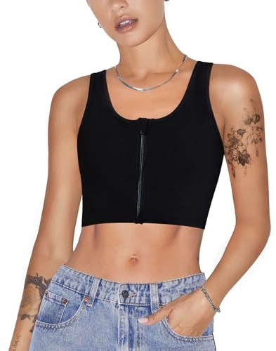 KUMAYES Damen Binder Trans Tomboy Transgender FTM Quadratischer Trans Binder Kragen mit Frontreißverschluss Kurzer Chest Binder BH Top für Damen (Schwarz-Reißverschlüsse, 3XL)