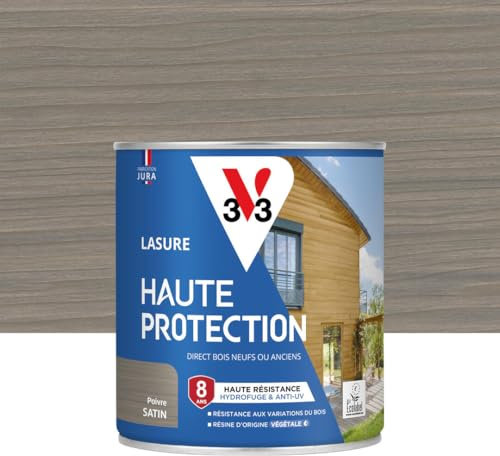 V33 Lasure Bois extérieur Poivre satin - Haute Protection 8 ans - Haute résistance hydrofuge et anti-UV - Résiste aux variations du bois - Ecolabel, résine d'origine végétale - 0,75L