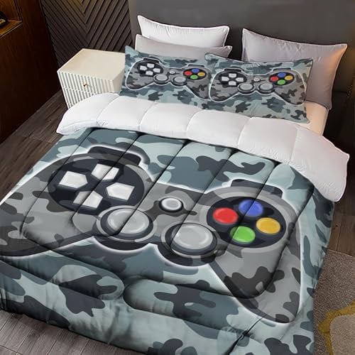 Sunnycitron Camo Grey Gamepad Gamer Comforter Set for Boys Gaming Bedding Set Teens Game Room Decor Full (1 Comforter + 2 Pillowcase)