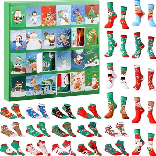24 Paar Socken Adventskalender 2024, Weihnachtssocken, lustige Socken, Countdown bis 2024 Weihnachten, warme, weiche Baumwollsocken für Damen und Herren, Weihnachtsgeschenke, Socken (24 Paar/B)