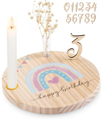 Geburtstagsteller Holz Personalisierter Geburtstagskranz mit Kerzenhalter Vase Zahlen 0-9 Gästebuch Geburtstag Geburtstagsdeko Geburtstagsgeschenk für Jungen Mädchen, (Regenbogen)