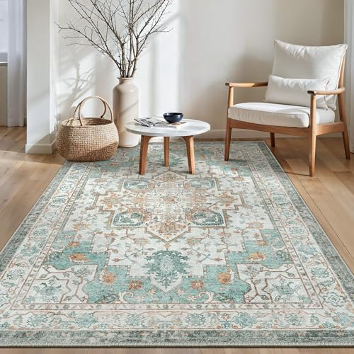 GENIMO Vintage Teppich 80x150cm, Teppiche Wohnzimmer, Waschbare Teppiche, Boho Teppich, Klein Carpet rutschfest, Schlafzimmer, Esszimmer, Büro, Grün