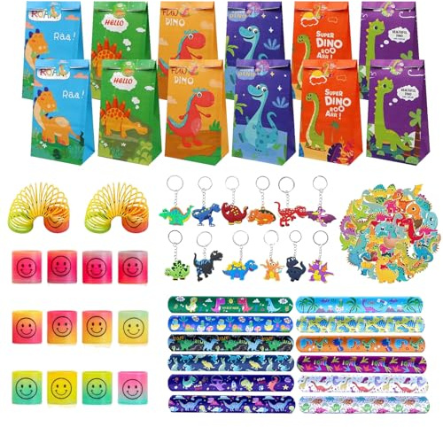 98Pcs Dino Party Mitgebsel Set, Dino Gastgeschenke Kinder,Dinosaurier Geburtstag Party Zubehör Mit Schnapparmbänder Schlüsselanhänger Geschenktüten Aufkleber, Fur Kindergeburtstag Junge Mädchen