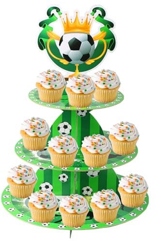 BLMHTWO 3 Tier Soccer Themed Cupcake Stand Soccer Cupcake Holder Thickened Cardboard Cake Tray for Football Sports Themed Party Decoration Birthday Decor
