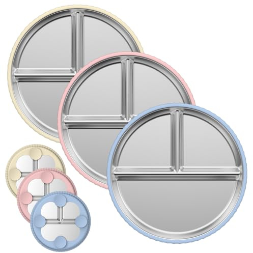nohlerlife Lot de 3 assiettes de contrôle des portions en acier inoxydable avec 3 compartiments, 23 cm, pour tout-petits et adultes (avec manches beige, bleu, rose)