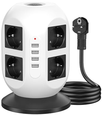 COLSTAR 8-Fach Steckdosenturm, 4 USB, 2 Schalter, Überspannungsschutz, 2m | Überspannungsschutz, 2500W Überlastschutz, Turm-Design, flammhemmendes ABS+PC, gummierte Unterseite,Schwarz-Weiß