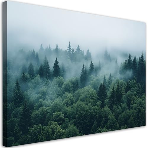 Feeby Leinwand Bilder - Bild Wohnzimmer - Grüner Wald im Nebel - 90x60 1tlg - Deko Schlafzimmer Groß - Dekoration Canvas - Gemälde - Modern Wandbilder - Kunstdruck