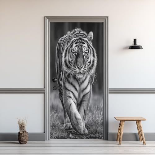 Tigre Faune Sticker Mural, Animal Blanc Noir Autocollants De Porte Muraux Décoration Poster Murale, Animaux Sauvage Stickers de Porte Imperméable Vinyle 90x200 cm