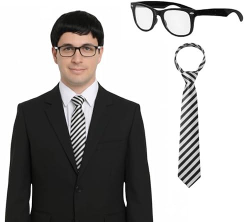 Will Inbetween Kostüm Accessoires - Geek Brille & Gestreifte Krawatte Set - Britische TV-Serie - Herren Lustiges Kostüm für Halloween, Junggesellenabschiede & Partys