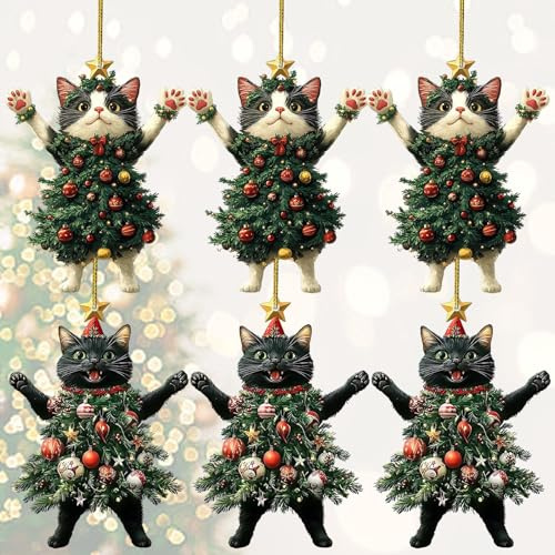 6 Pcs Cat Christmas Tree Decorations 2D Flat, Funny Christmas Decorations UK, Hanging Xmas Tree Ornaments Cat Gifts for Cat Lovers Suitable for Living Room Trees and Car Rearview Mirror Hanging