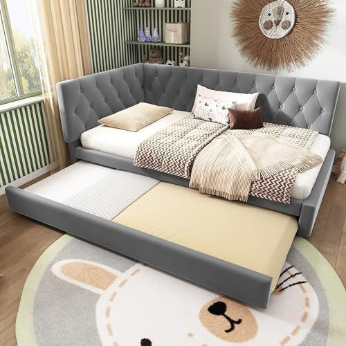BTM 3FT-90x190cm Upholstered Single Bed, Daybed with Pull-Out Bed, Trundle Bed with Slatted Frame, Velvet Grey (No Mattress)