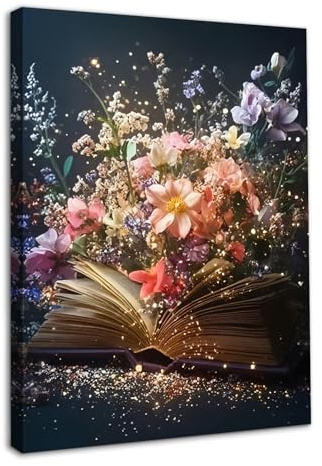 Dazzlewall Bunte Blüten-Buch Wandkunst, Vintage Fantasy Ästhetik Bibliothek Poster für Studienzimmer Schlafzimmer Wohnzimmer Leseraum Mit Rahmen 30x40 cm