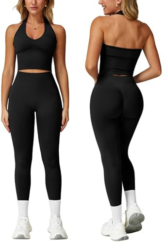 IDOPIP Sport-Set Damen Neckholder Zweiteiler: Rückenfrei Gym Set Hoch Taile Po-formende Leggings mit Scrunch-Effekt - Sportanzug für Fitness Yoga Pilates Workout schwarz Medium