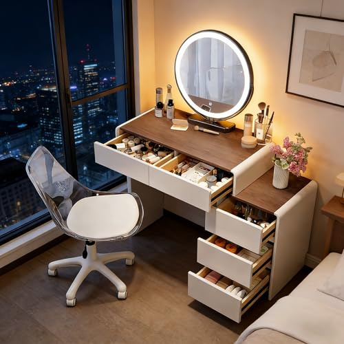 MYDD8 Schminktisch mit LED-Beleuchtung, Spiegel einstellbare Helligkeit, Schminktisch mit Stuhl, Frisiertisch mit 5 Schubladen, Modern Kosmetiktisch aus Holz Weiß
