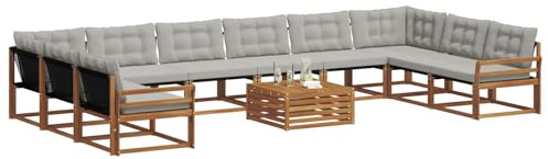 vidaXL Outdoor-Sofagarnitur mit Kissen 11 pcs Natürlich und Hellgrau, Garten, modernes Sofa-Set für draußen, langlebige Loungemöbel, wetterfest, tolle Terrasse-Couch