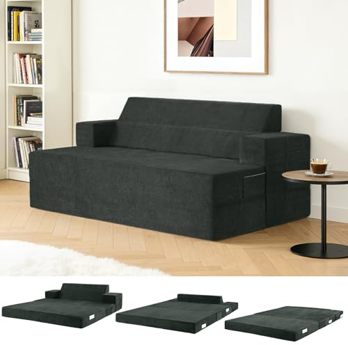 Fantico 4-in-1 Schlafsofa 150 x 200 cm – Klappbares Bettsofa, Faltbare Schlafcouch & Schlafsessel mit Bettfunktion, mit schrägen Rückenkissen & separatem Kissen, Grau