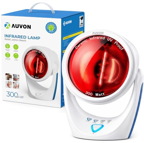 AUVON 300W Rotlichtlampe, Warmetherapie bei Erkaltung & Muskelverspannung, 290 W/m² Infrarotlampe für Rucken Nacken Schulter Muskel, UV-Schutz Keramik-Glas, Stufenlos Schirm Verstellbar, 3-Stufe-Timer
