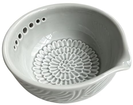 Ceramic Grater Bowl with Herb Stripper,3 in 1 Ceramic Ginger Grater Bowl, 7 Hole Sizes Pottery Ceramic Garlic Grater Plate Herb Stripper Kitchen Tools