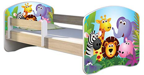 Kinderbett Jugendbett mit einer Schublade und Matratze Sonoma mit Rausfallschutz Lattenrost ACMA II 140x70 160x80 180x80 (01 Zoo, 140x70)