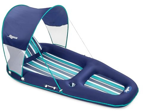 Aqua Ultimate Pool Float Lounger with UPF 50 Canopy and Cupholder – Heavy Duty, Inflatable Pool Lounge for Adults – Navy/Aqua/White Stripe