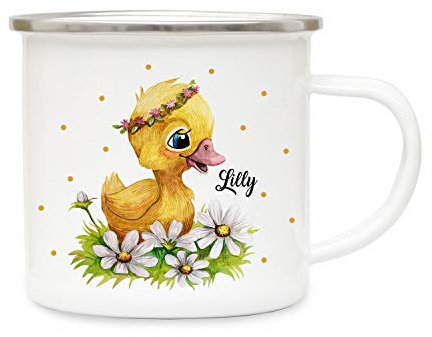 Emaillebecher Becher Tasse Camping Ente Entchen Blumen & Wunschname Name Kaffeetasse Geschenk eb399 - ausgewählte Farbe: *bunt* ausgewählte Größe: *2. Entchen*