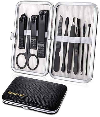 Manicure Set 10pcs Professional Nail Clippers Kit Pedicure Care Tools-Stainless Steel Grooming Tools for Travel (Black)