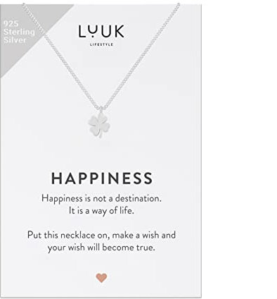 LUUK LIFESTYLE Halskette aus 925er Sterlingsilber mit Kleeblatt Anhänger und HAPPINESS Geschenkkarte, Reise- und Prüfungsglücksbringer, Schmuck und Accessoire für Frauen, Freundin und Verlobte, Silber