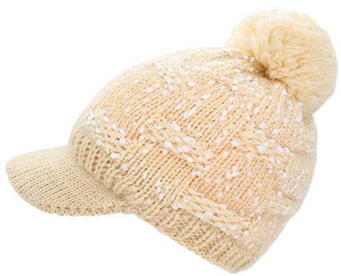 dy_mode Strickmütze Damen Schirmmütze mit Bommel und Innenfutter Winter Mütze - A313 (A313-Vanilla)