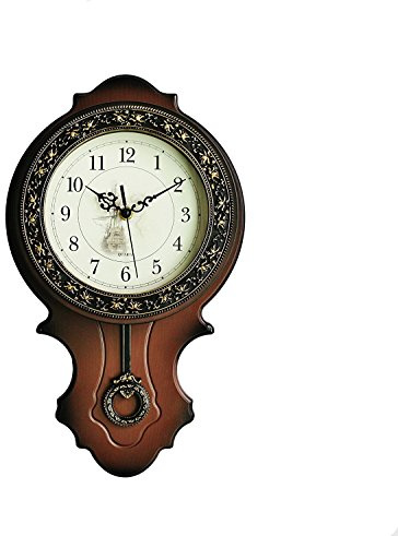 Retro European Style Simulated Wood Pendulum Wall Clock,Quartz Motion Design, Plastic Main Structure, Brushed Metallic Gold Paint Surface Texture on The Perimeter