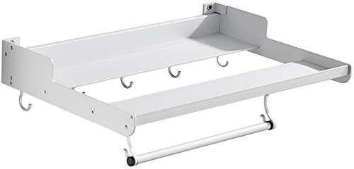 Kitchen Microwave Shelf Wall Mounted Aluminum Alloy Kitchen Storage Shelves with 5 Hooks, Microwave Bracket Oven Rack Stand - White