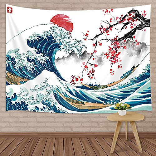 MERCHR Japanischer großer Wandteppich, cooler Ozeanwellen-Wandteppich, asiatisches Anime-Ozean-Mount rote Sonne, Kirschblüten-Dekorationen, Wandbehang für Schlafzimmer, 203 x 152 cm