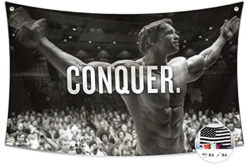 Conquer Flag for Arnold Schwarzenegger 3x5 Feet Banner Gym Motivation Funny Fitness Poster Durable Cool Tapestry Man Cave Wall Decor with Brass Grommets for College Dorm Room Decoration,Home,House
