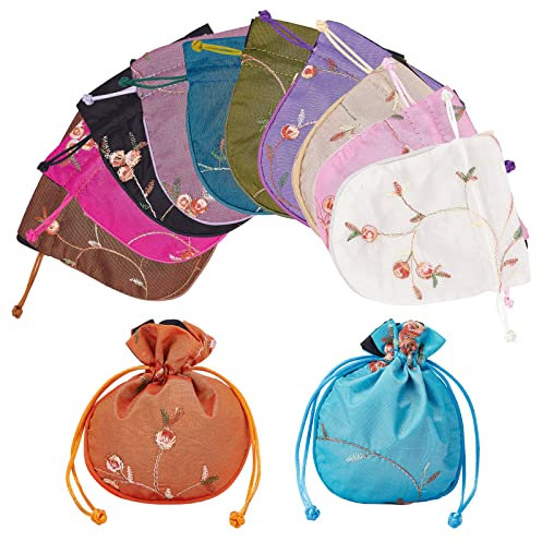 NBEADS 12 Pcs 12 Couleurs Soie Cordon Bijoux Sacs, 12x14 cm Sacs de Brocart Brodés de Fleurs Sacs de Bijoux en Soie Chinoise Pochettes Cadeau Sac à Main pour L'Emballage de Faveurs de Fête de Mariage