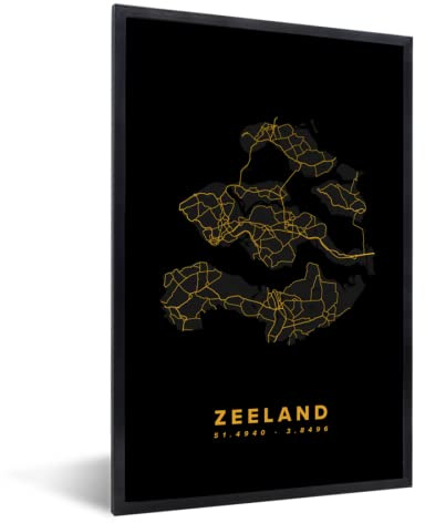 MuchoWow Poster Bilder Wanddeko Deko Wohnzimmer 40x60 cm Zeeland - Karte - Schwarz und Gold
