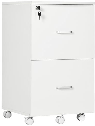 Vinsetto Armadietto da Ufficio e Studio con 2 Cassetti Bloccabili, 5 Ruote e Piano d'Appoggio, Schedario in MDF e Truciolato, 43x45x72cm, Bianco