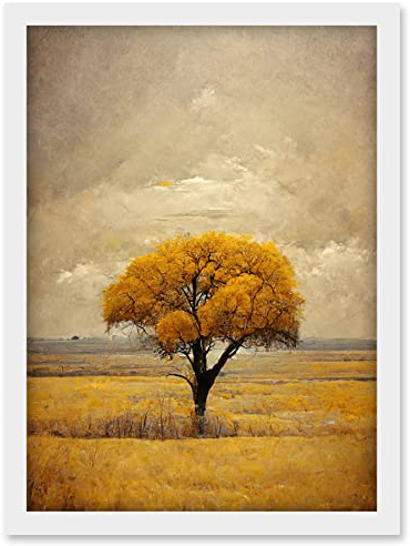 Doppelganger33 LTD Lone Tree Autumn Landscape Gold Yellow Mustard Artwork Framed Wall Art Print A4