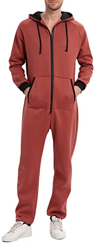 Men's Casual Zip Up Onesies Pajamas Hooded Jumpsuit Long Sleeve One Piece Onesie Pyjamas Romper Tracksuits Nightwear (Brick Red, S)