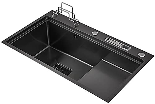 Large Single Bowl Undermount Sink, Black Step Sink Handcrafted Sink with Cutting Board Holder and Knife Holder, Drop In Stainless Steel Kitchen Sink with Accessories
