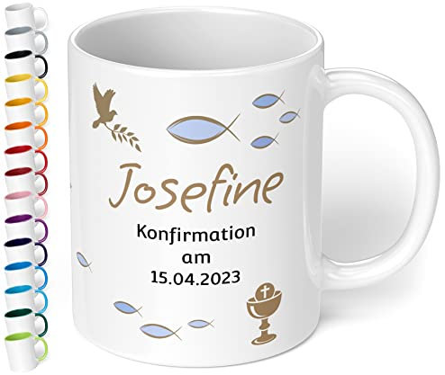 Tasse zur Konfirmation mit Namen und Datum personalisiert „Konfirmation am“ – 330ml Keramik Kaffeetasse für Mädchen & Jungen - Konfirmations-Geschenke für Tochter Sohn Geschenkideen (Weiß)