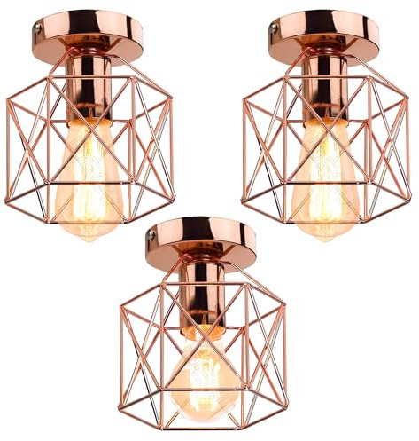 iDEGU 3 Stücke Deckenleuchten Retro Industrial Lampe im Geometrie Design Sechseck-Käfig Vintage 15CM Lampenschirm aus Metall Pendelleuchte Deckenlampe für Flur Schlafzimmer Küche (Käfig C, Roségold)