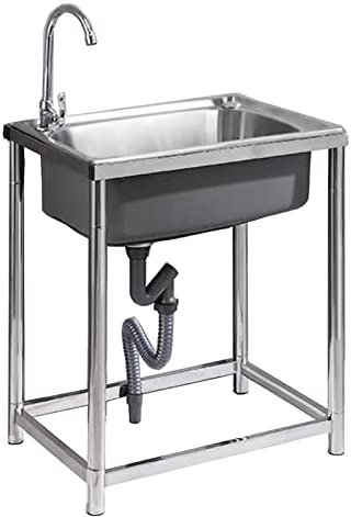 Fregadero utilitario de pie Fregadero comercial Fregadero de acero inoxidable de un solo tazón para lavandería Garaje Comercial Interior Exterior con grifo y escurridor de drenaje Cocina Restaurante.